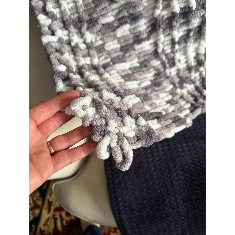 handmade chunky throw features a soft, variegated gray/white chenille 34x48